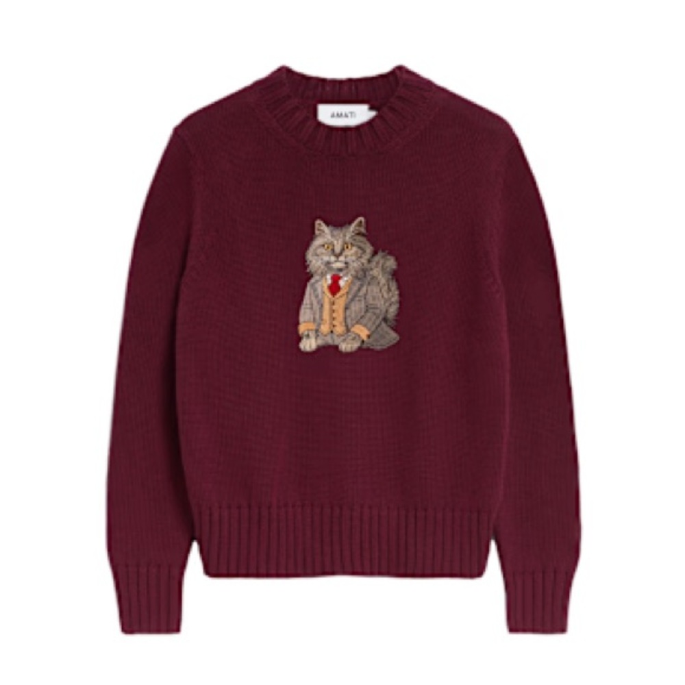Amati Longhair Cat Embroidered Cotton Knit Sweater - Burgundy Sz L‎